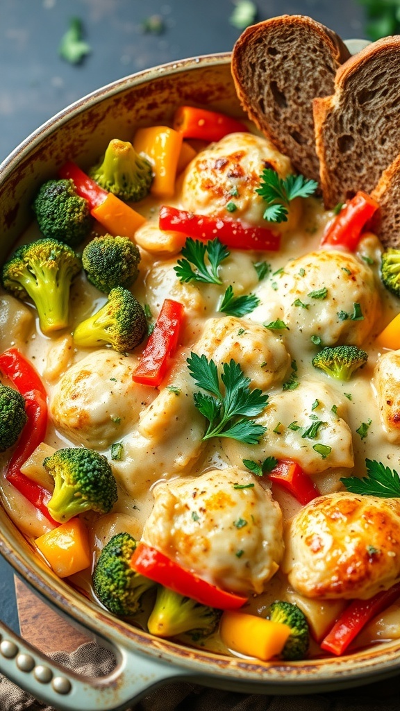 A delicious chicken and vegetable casserole with broccoli, bell peppers, and cheese, garnished with parsley in a baking dish.